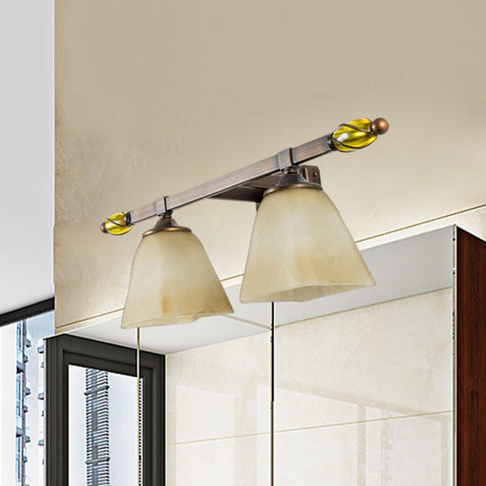 Country Style Frosted Glass Brass Vanity Lamp With Paneled Bell Design - 2/3 Lights Wall Sconce For