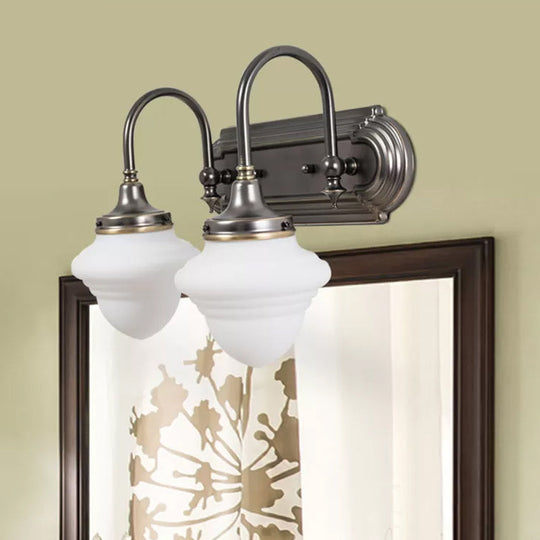Rustic Black Schoolhouse Vanity Lighting: Opal Glass Wall Lamp With Metal Curved Arm - 2 Head