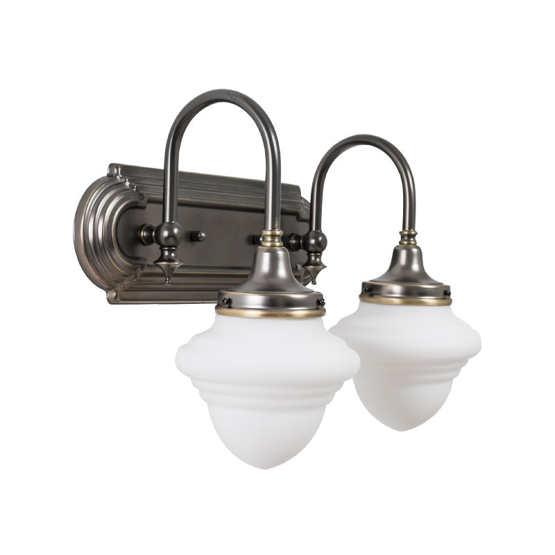 Rustic Black Schoolhouse Vanity Lighting: Opal Glass Wall Lamp With Metal Curved Arm - 2 Head