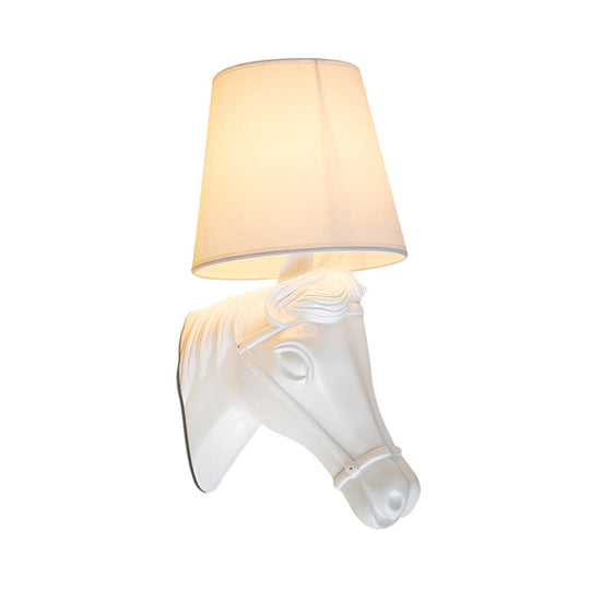 Vintage Barrel Sconce Wall Light With Horse Head Design - White Fabric Lamp Shade 1 Bulb
