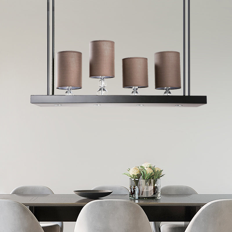 Traditional Black Cylinder Island Light Fixture: Fabric Pendant With Metal Linear Shelf - 4-Bulb