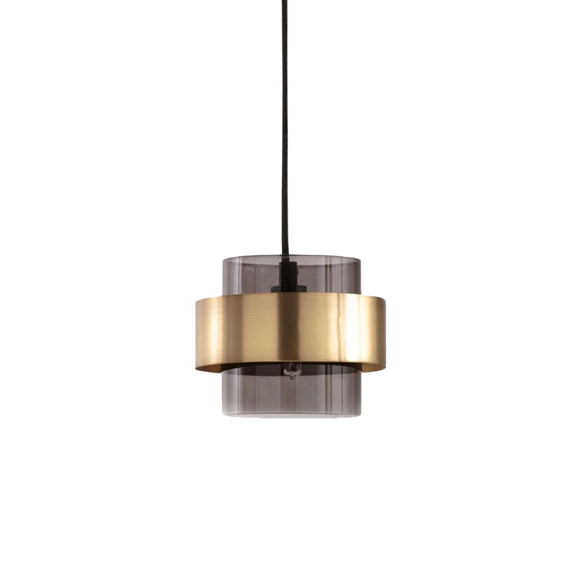 Mid Century Single-Bulb Pendant Light With Smoke Grey Glass And Gold Ring Guard - Ideal For Hanging