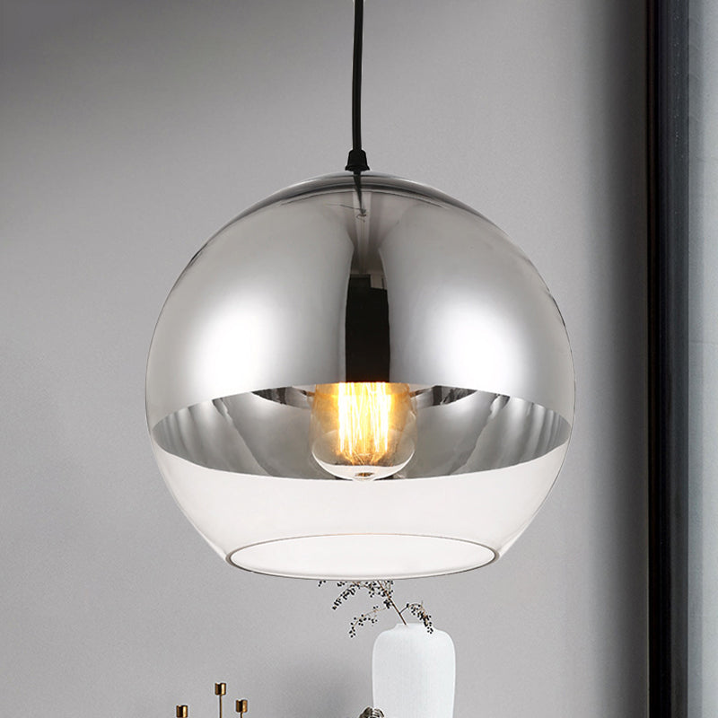 Minimalist Silver Sphere Pendant Lamp - Bedroom Hanging Light With Transparent Open Glass &