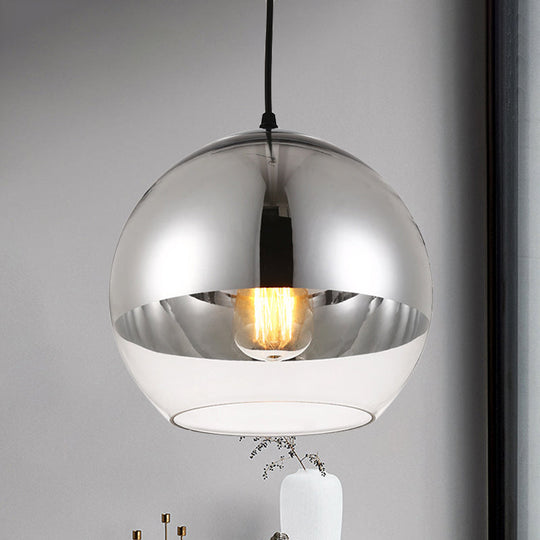 Minimalist Silver Sphere Pendant Lamp - Bedroom Hanging Light With Transparent Open Glass &