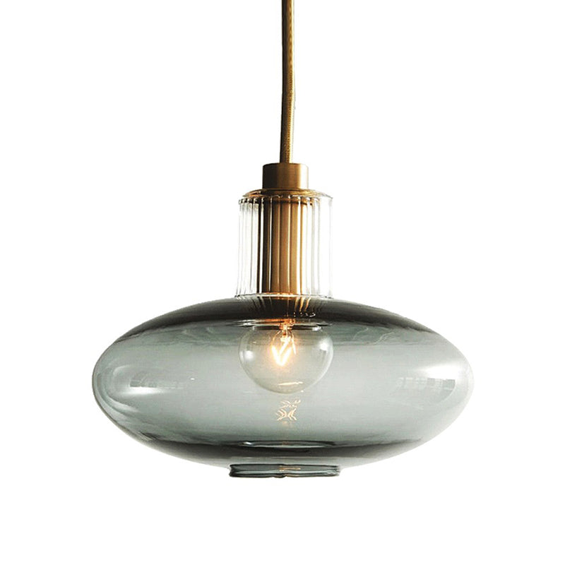 Mid Century Oval Blue Glass Pendant Light Fixture With Brass Cork For Dining Room