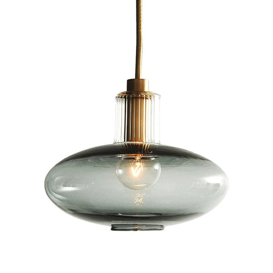 Mid Century Oval Blue Glass Pendant Light Fixture With Brass Cork For Dining Room