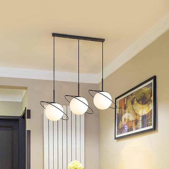 Opal Matte Glass Planet Pendant - Postmodern 3 Bulbs Black Hanging Lamp For Dining Table