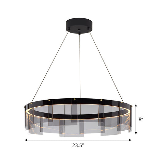 Modernist Smoky Grey Glass Led Pendant Light With Black Circle Design