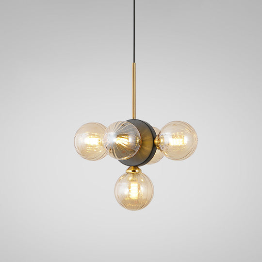 Mid Century 5-Light Restaurant Chandelier Pendant With White/Amber Glass - Elegant Burst Design
