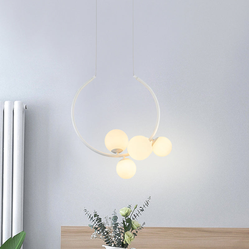 Modern Black/White Circle Chandelier Lamp With Glass Shades - 5-Head Iron Pendant Lighting White