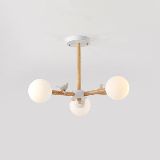 Nordic Wood Radial Chandelier? With White Glass Shade And Bird Decor - Perfect For Bedroom Semi -
