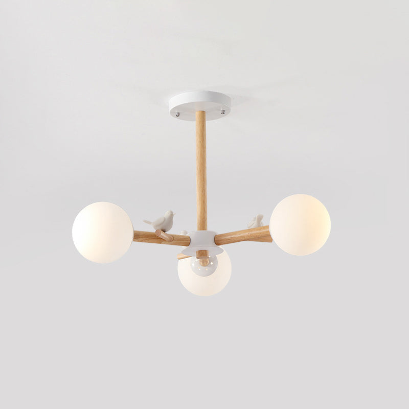 Nordic Wood Radial Chandelier With White Glass Shade And Bird Decor - Perfect For Bedroom Semi-Mount