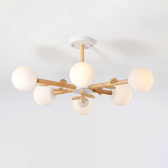 Nordic Wood Radial Chandelier With White Glass Shade And Bird Decor - Perfect For Bedroom Semi-Mount