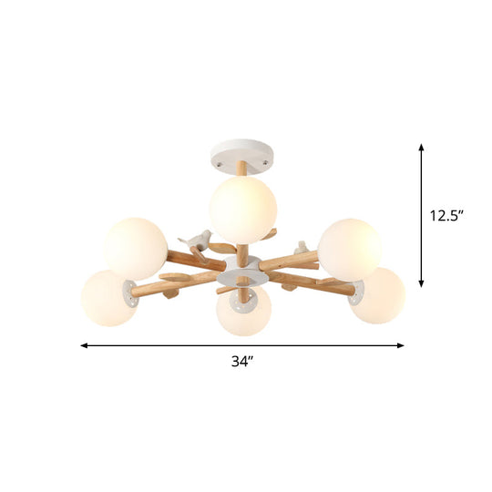 Nordic Wood Radial Chandelier? With White Glass Shade And Bird Decor - Perfect For Bedroom Semi -