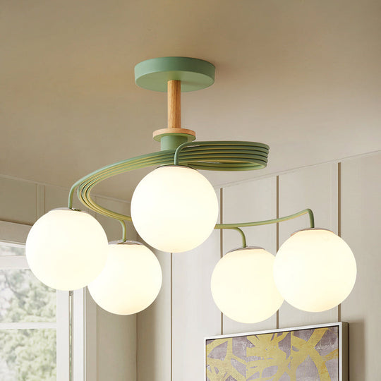 Nordic Iron Swirl Flush Chandelier: 5 Bulbs Grey/Green Ceiling Light With Orb Glass Shade And Wood