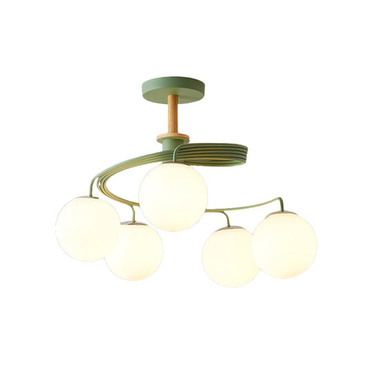 Nordic Iron Swirl Flush Chandelier With 5 Bulbs Grey/Green Semi Ceiling Light Featuring Orb Glass