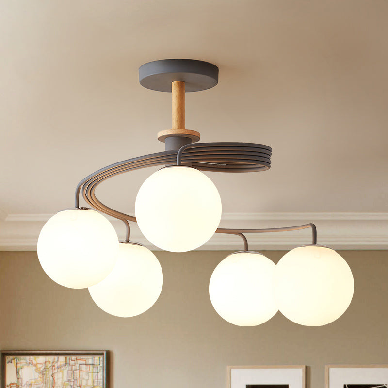 Nordic Iron Swirl Flush Chandelier: 5 Bulbs Grey/Green Ceiling Light With Orb Glass Shade And Wood