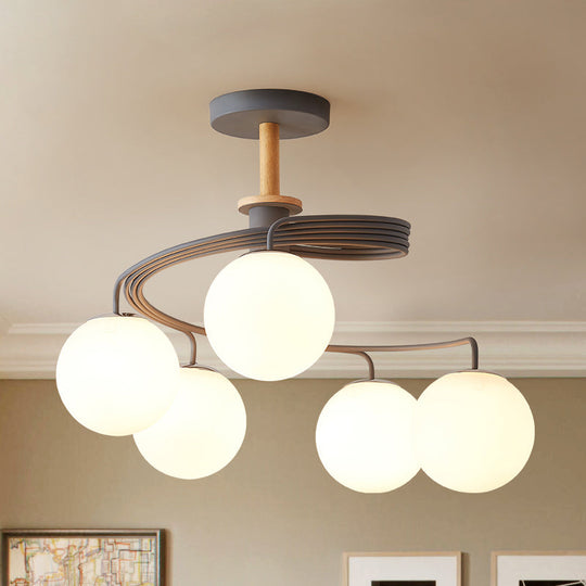 Nordic Iron Swirl Flush Chandelier: 5 Bulbs Grey/Green Ceiling Light With Orb Glass Shade And Wood