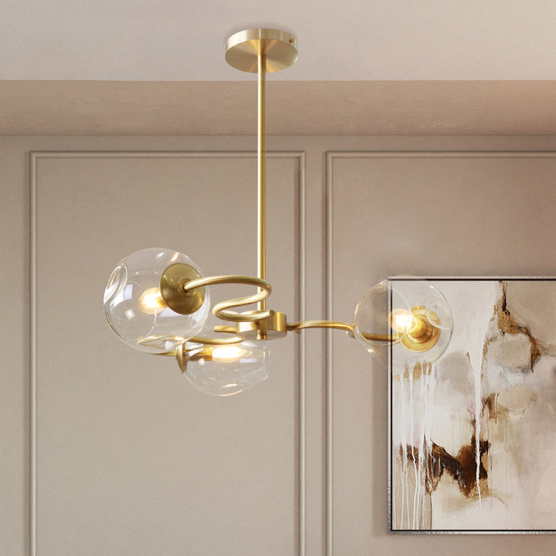 Postmodern Transparent Glass 3 - Light Flush Mount Chandelier For Bedroom In Brass