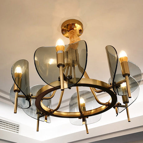 Mid-Century Curved Glass Chandelier Lamp - 6/8-Bulb Gold Hanging Light Fixture With Open Bulb Design