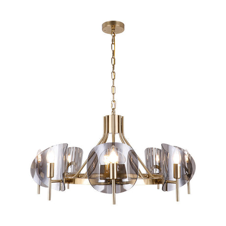 Mid-Century Curved Glass Chandelier Lamp - 6/8-Bulb Gold Hanging Light Fixture With Open Bulb Design