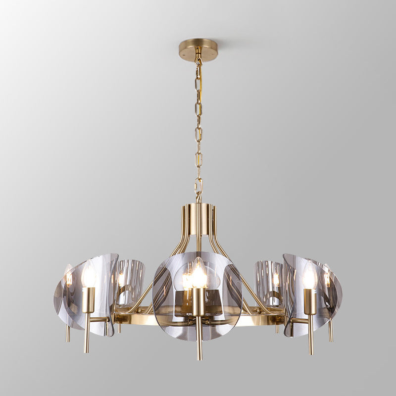 Mid-Century Curved Glass Chandelier Lamp - 6/8-Bulb Gold Hanging Light Fixture With Open Bulb Design