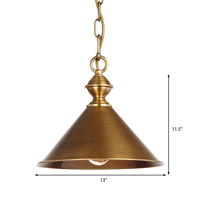 Vintage Suspension Pendant Light With Metallic Brass/Gold Finish - 7’/8.5’ Conical Shade 1-Light