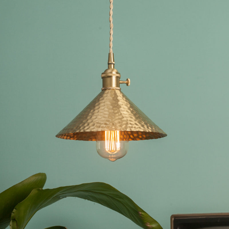 Vintage Brass/Gold Pendant Light With Conical Shade And 1 Bulb Gold / 7