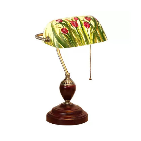 Traditional Rollover Shade Banker Lamp - 1 Light Green/Red/White Glass Desk With Pull Chain For
