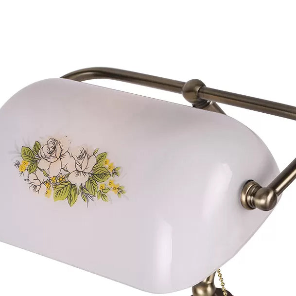 Traditional Rollover Shade Banker Lamp - 1 Light Green/Red/White Glass Desk With Pull Chain For