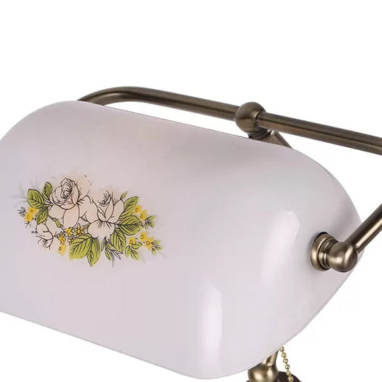 Traditional Rollover Shade Banker Lamp - 1 Light Green/Red/White Glass Desk With Pull Chain For