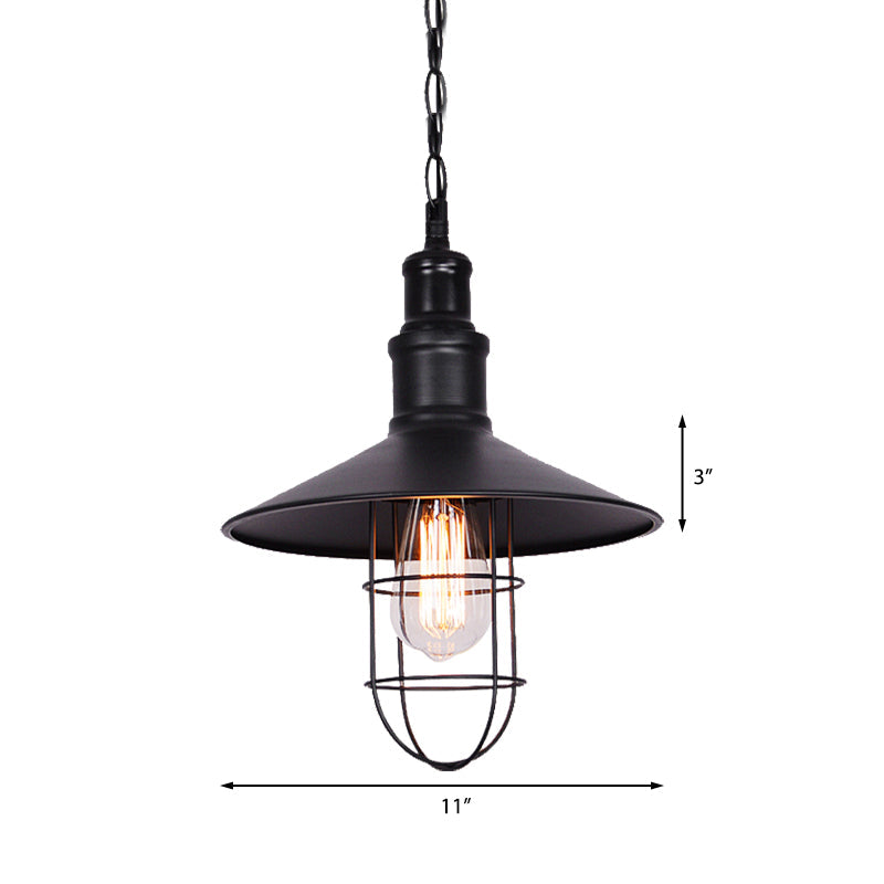 Conic Shade Suspension Light With Wire Guard - Nautical Black Metal Pendant Lighting For Indoor Use