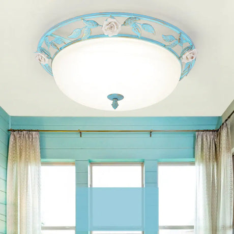 15’/19’ Korean Flower Metal Bowl Ceiling Light - 1 Head Flush Mount Fixture In Pink/Blue/Green