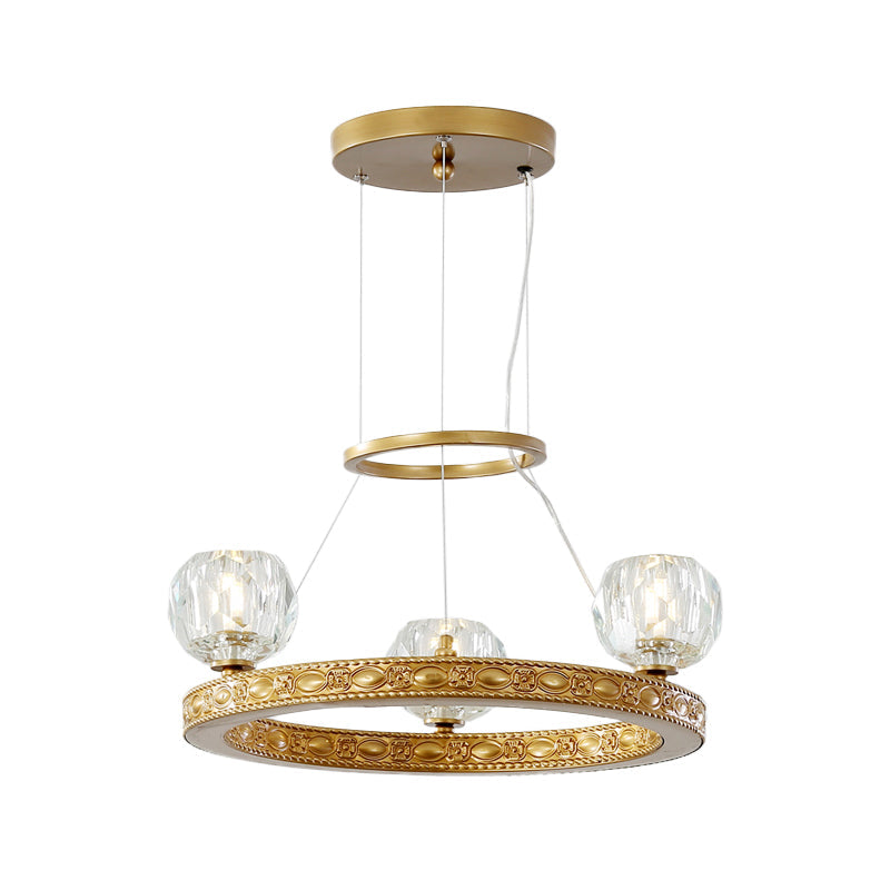 Modern Crystal Prisms 3-Head Gold Chandelier - Globe Parlor Suspended Lighting Fixture With Elegant