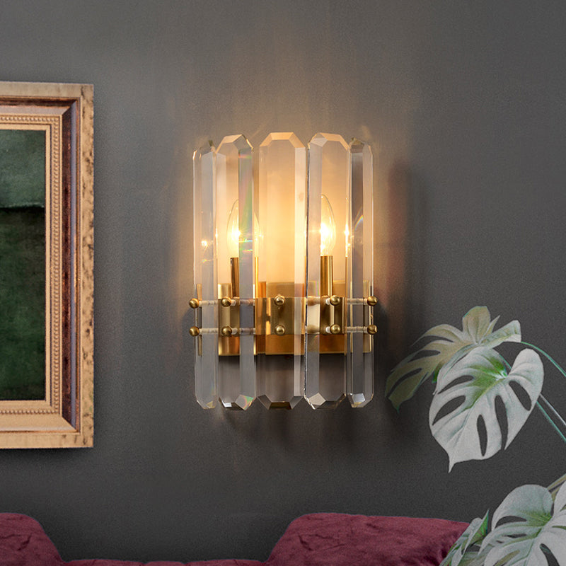 Modern Gold Crystal Flush Wall Sconce: Half-Cylinder Rectangle-Cut Lamp With 2 Lights For Hallways