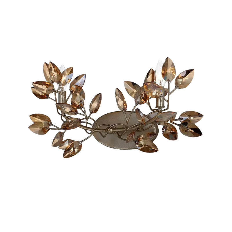 Modern Coffee Wall Sconce With Amber Crystal Shade And Vine Leaf Design - Set Of 2
