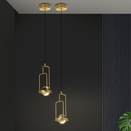 Gold Crystal Pendant Lamp - Minimalist Clear Rectangular Frame 1-Light