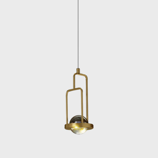 Gold Crystal Pendant Lamp - Minimalist Clear Rectangular Frame 1-Light