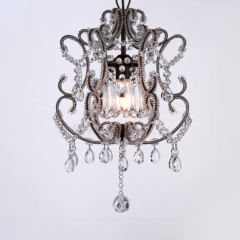 Crystal Suspension Light With Curvy Arm - Contemporary 1-Head Lantern Down Lighting In