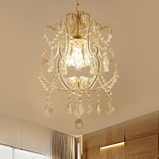 Crystal Suspension Light With Curvy Arm - Contemporary 1-Head Lantern Down Lighting In