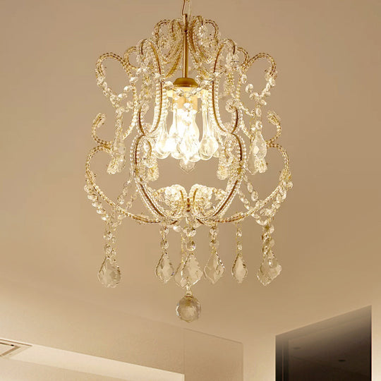 Crystal Suspension Light With Curvy Arm - Contemporary 1-Head Lantern Down Lighting In
