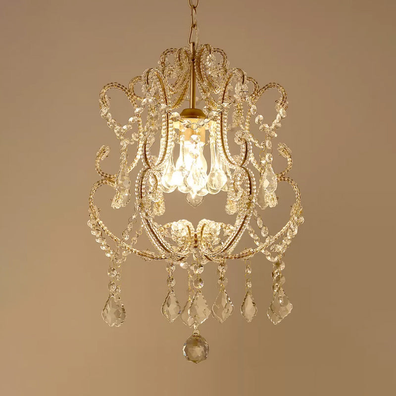 Crystal Suspension Light With Curvy Arm - Contemporary 1-Head Lantern Down Lighting In