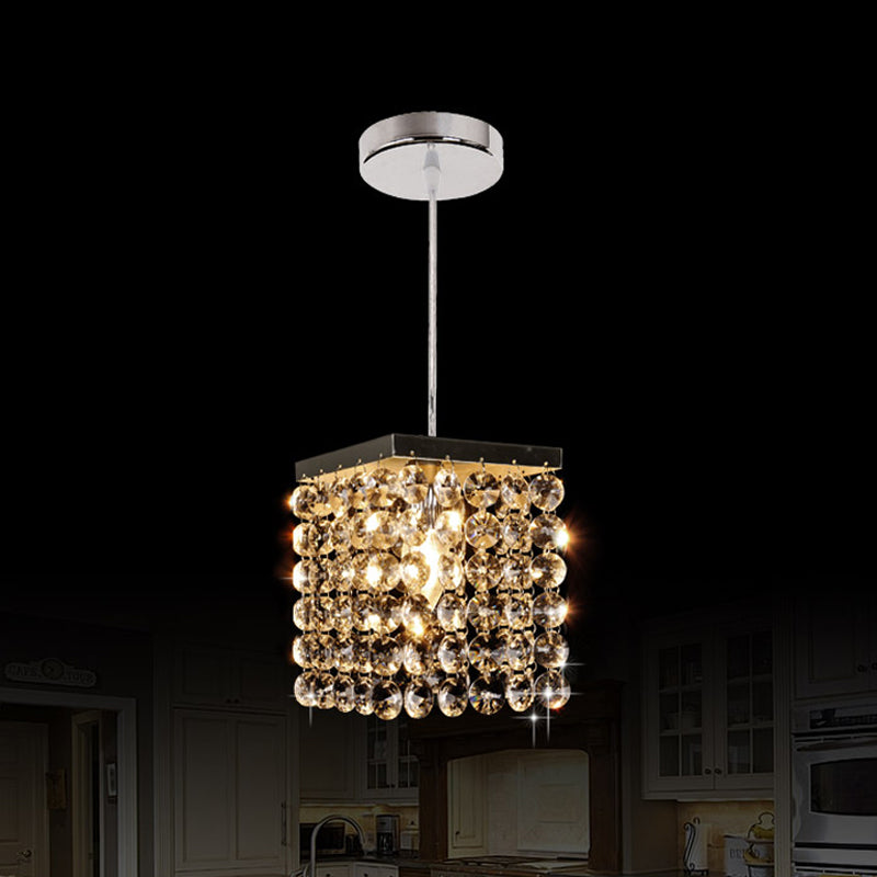 Modern Crystal Cube Suspension Lamp: 1-Light Ceiling Hang Fixture In Chrome