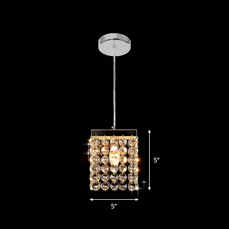 Modern Clear Cut Crystal Cube Suspension Lamp 1-Light Ceiling Hang Fixture - Chrome