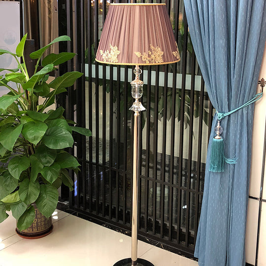 Clear Crystal Floor Lamp - Minimalistic Champagne Stand Up Light With Fabric Shade