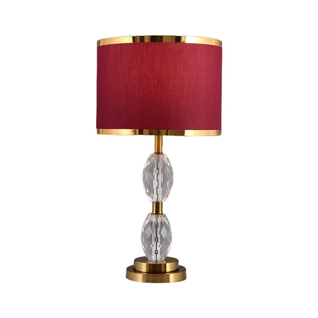 Crystal Table Lamp With Fabric Drum Shade - Elegant Nightstand Light For Traditional Drawing Room