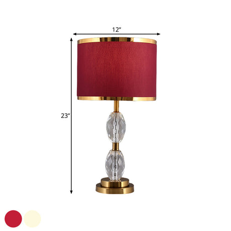 Crystal Table Lamp With Fabric Drum Shade - Elegant Nightstand Light For Traditional Drawing Room