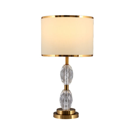 Crystal Table Lamp With Fabric Drum Shade - Elegant Nightstand Light For Traditional Drawing Room