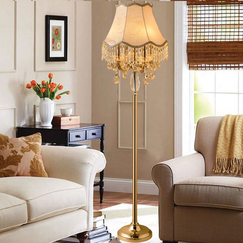 Traditional Crystal Droplets Floor Lamp With Gold Candlestick Design And Scalloped Trim Shade -
