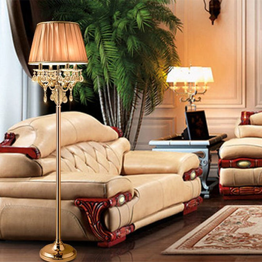 Traditional Crystal Raindrops Floor Lamp With Coffee Pleated Shade - Gold Finish